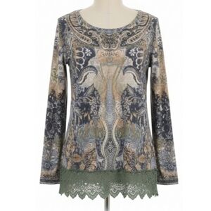 ONE WORLD Women's Size Medium Multicolor Patterned Tunic with Green Lace Hem